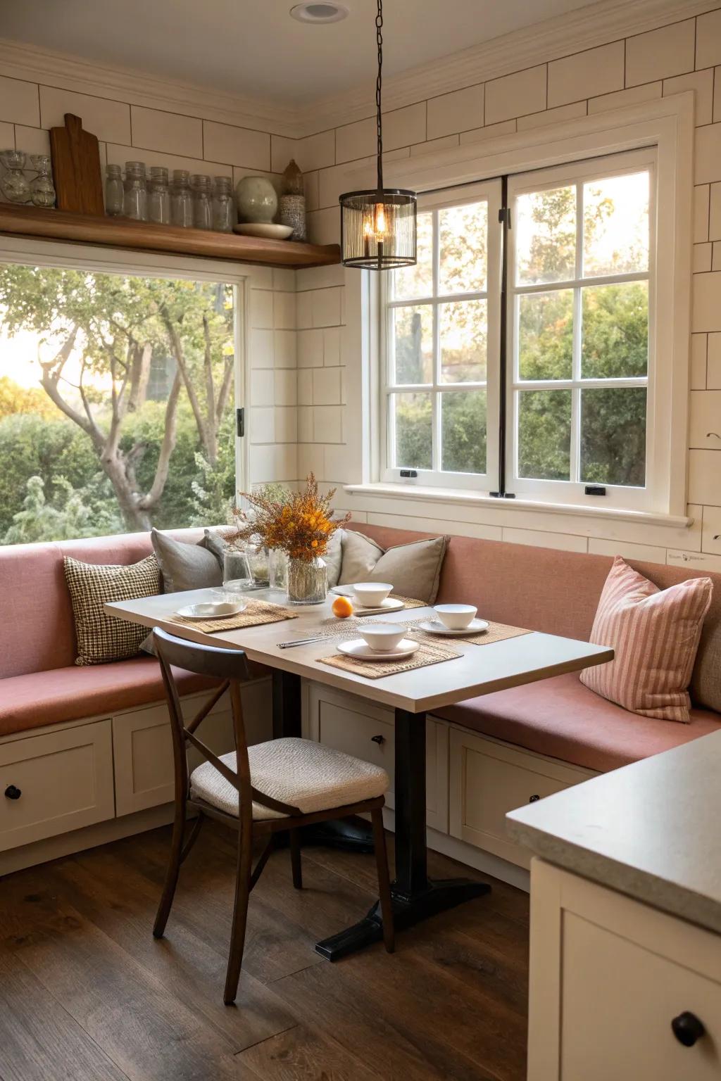 Banquette seating offers comfort and good use of space.