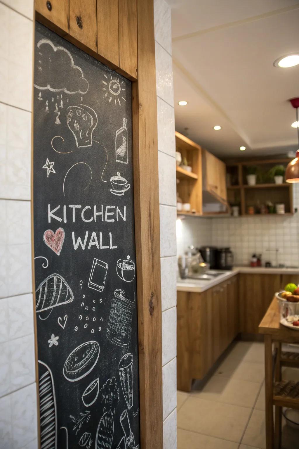 A kitchen with a graphite board wall, offering a creative and personal touch.
