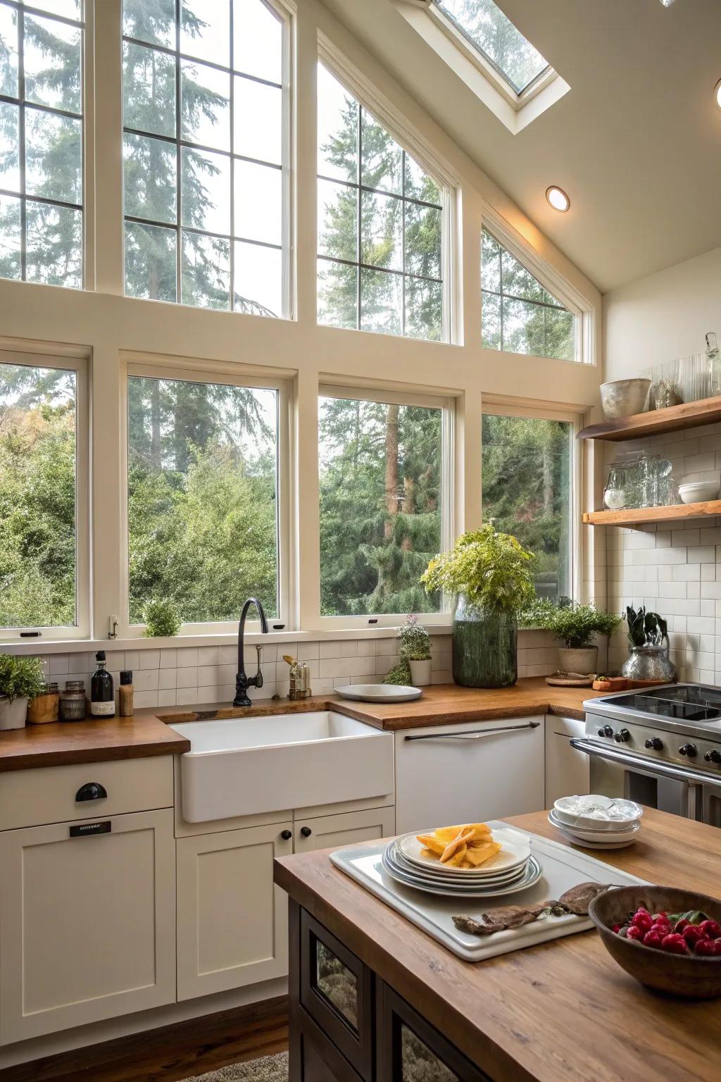 A culinary space replete with luminosity streaming from elevated transom windows.