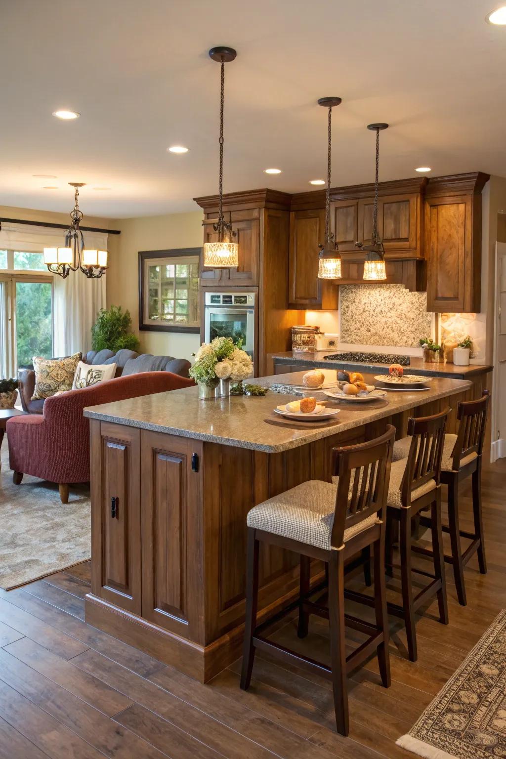 A comfortable breakfast spot integrated into the kitchen island.