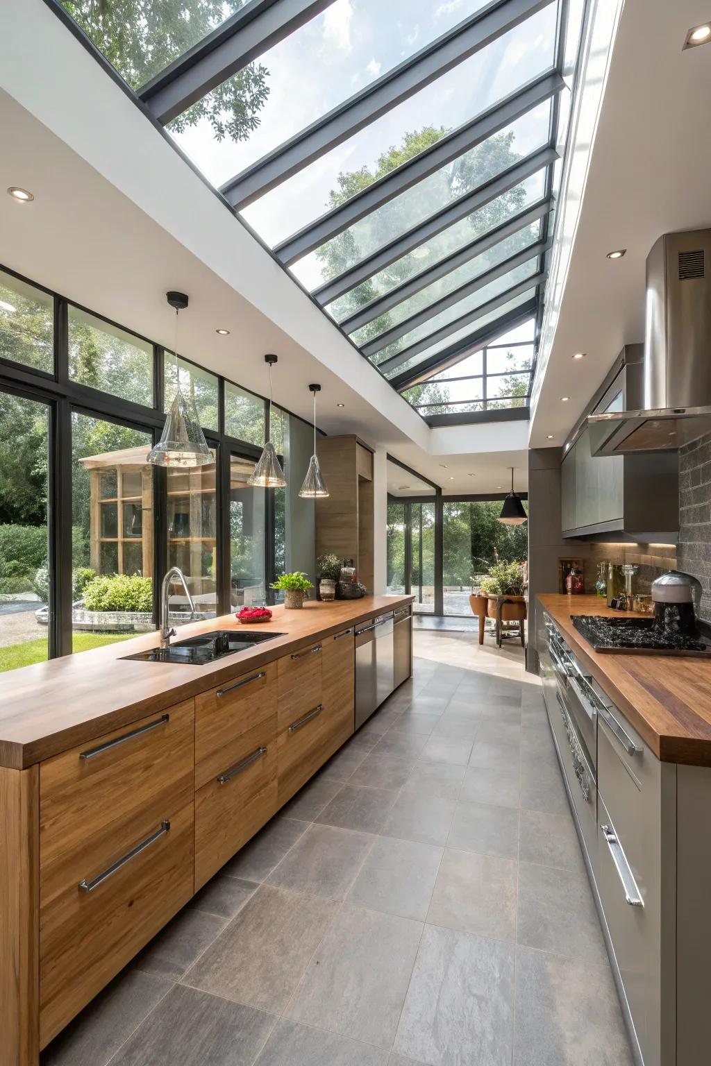 A harmonious blend of textures is enhanced by the natural light from skylights.