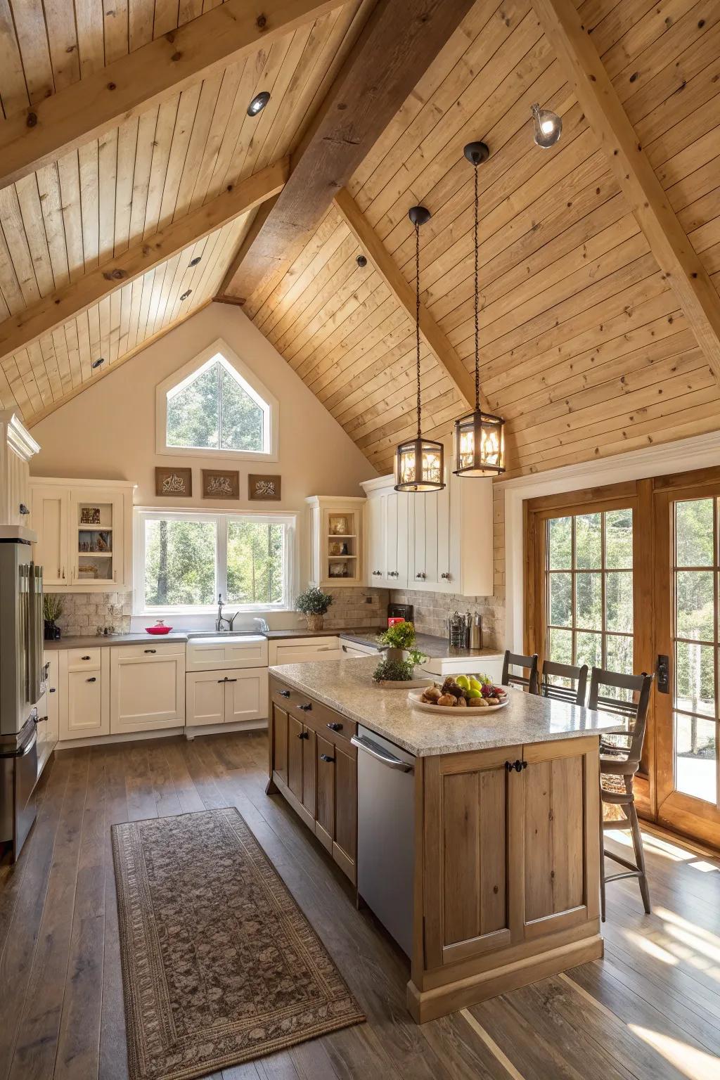 Textured wood ceilings enhance the depth of this inviting and cozy kitchen.