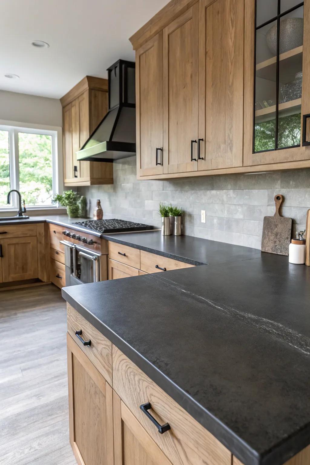 An elegant kitchen design featuring dark-toned concrete countertops.