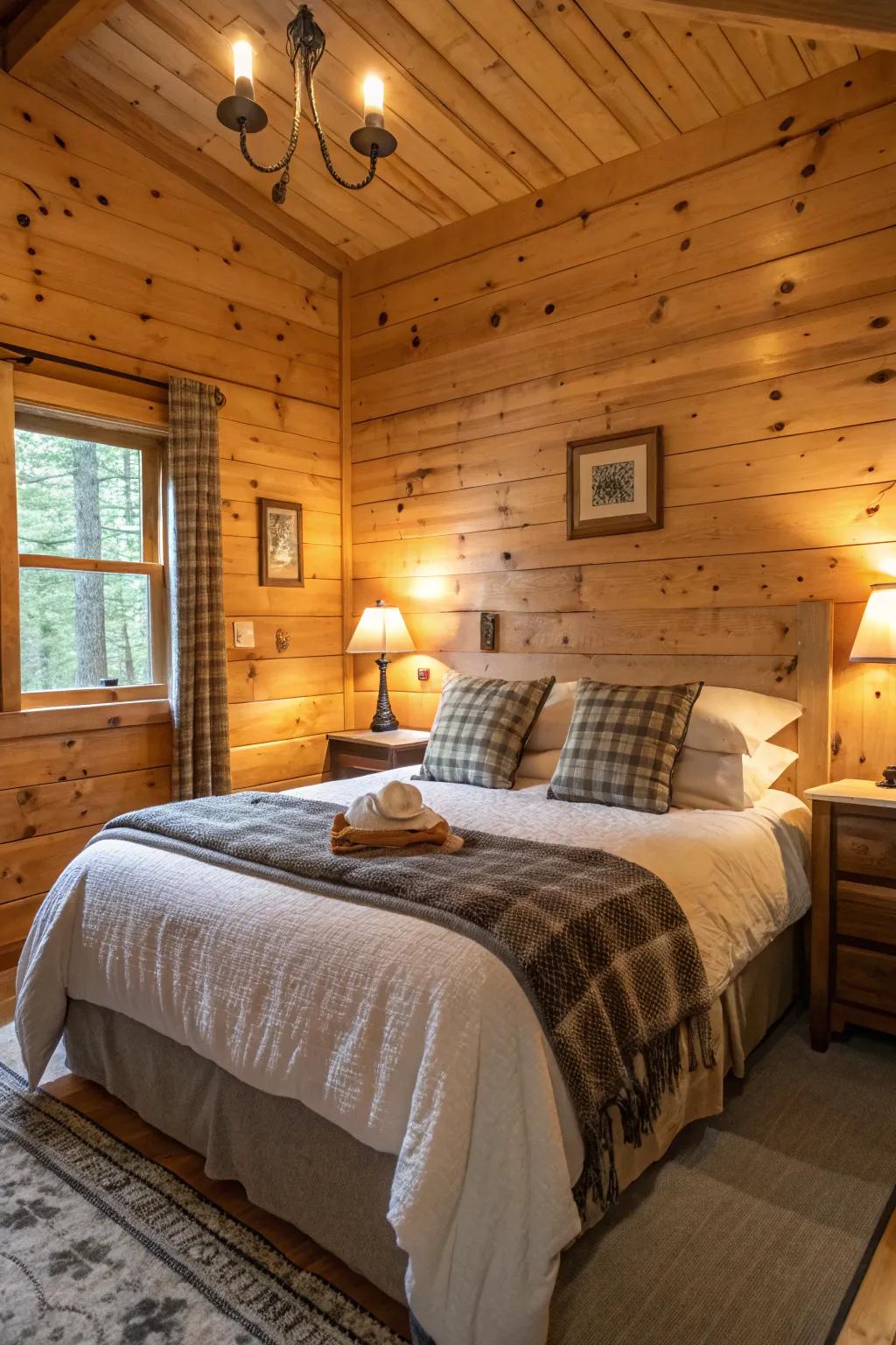 A snug cabin bedroom with soft bedding and knotty pine charm.
