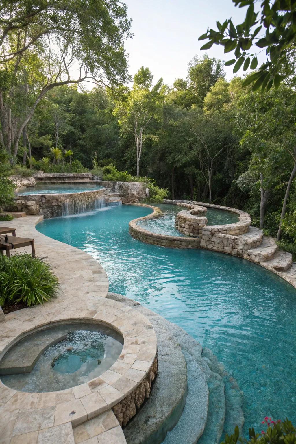 Graduated layouts enrich the variety and captivation of lagoon pools.