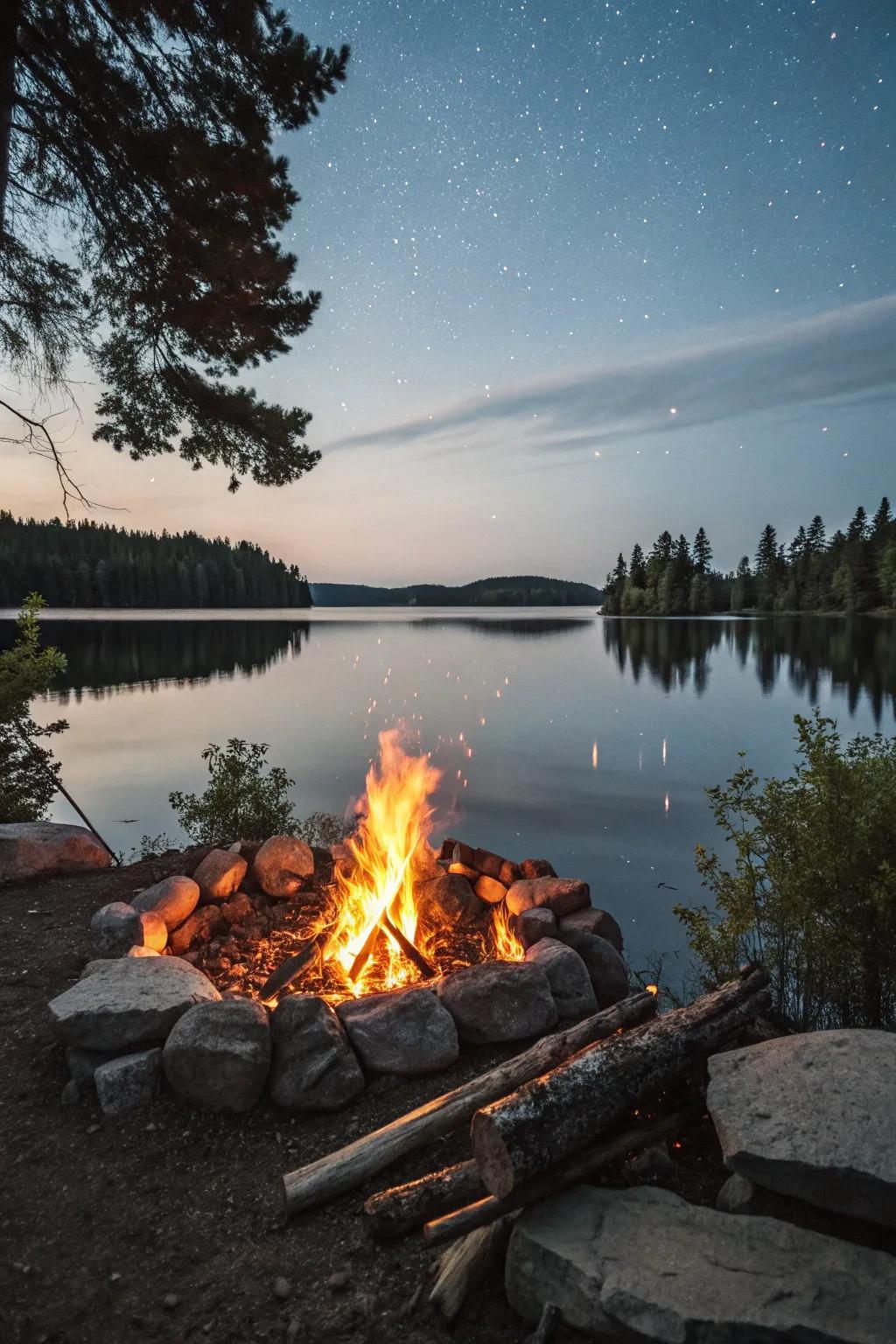 The unification of flame and water fashions an enthralling lakeside ambiance.