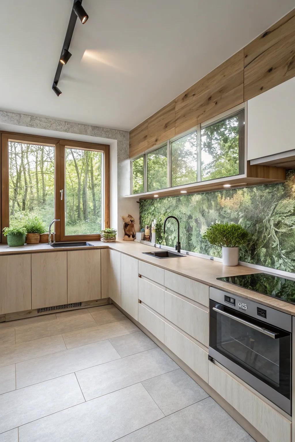 Environmentally-friendly laminate backsplash provides a sustainable kitchen.