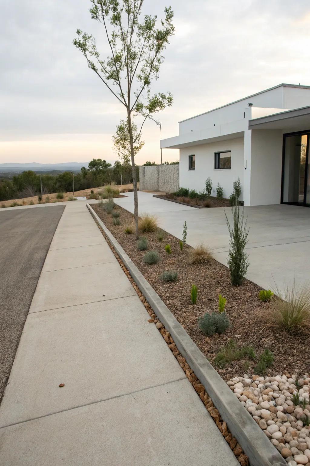 Uncluttered lines and modern materials provide a sleek driveway aesthetic.