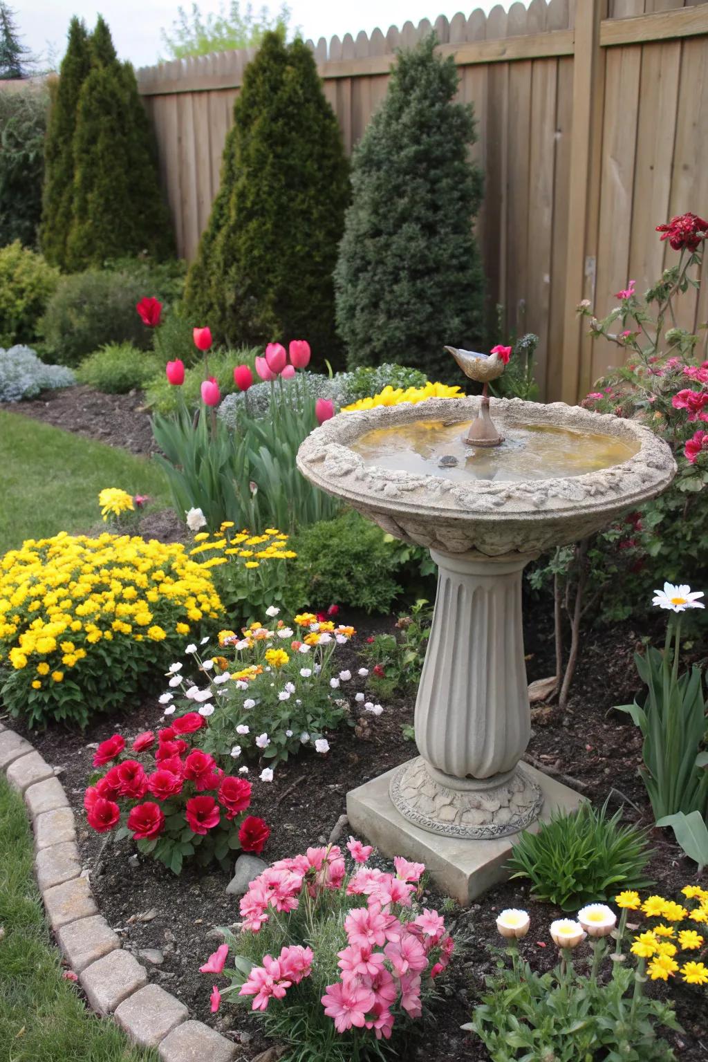 A garden bed enhanced by a charming birdbath point of interest.