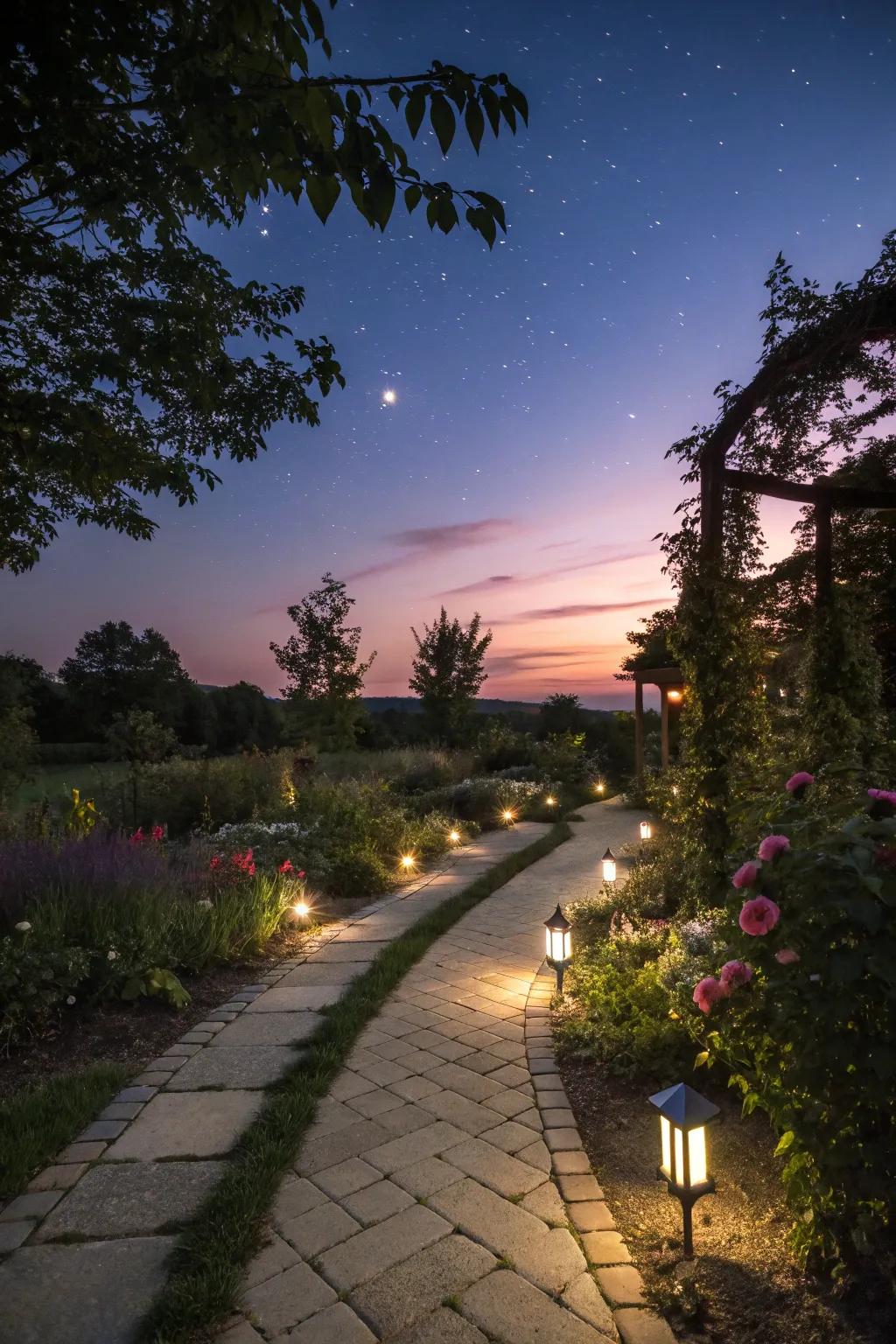 A garden pathway softly lit by energy-saving solar lights.