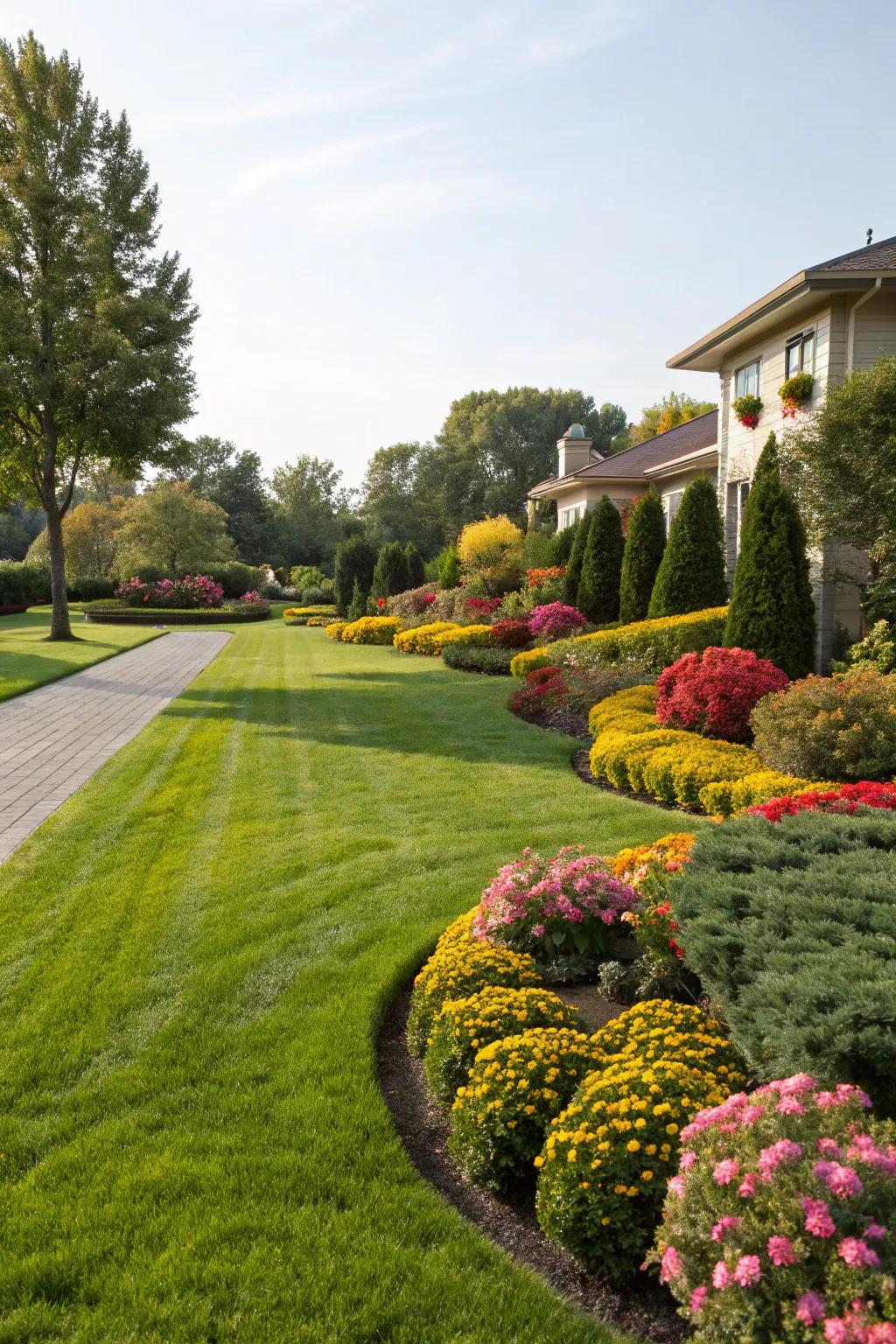 A lush green lawn acts as the perfect base for your surrounding plantings.