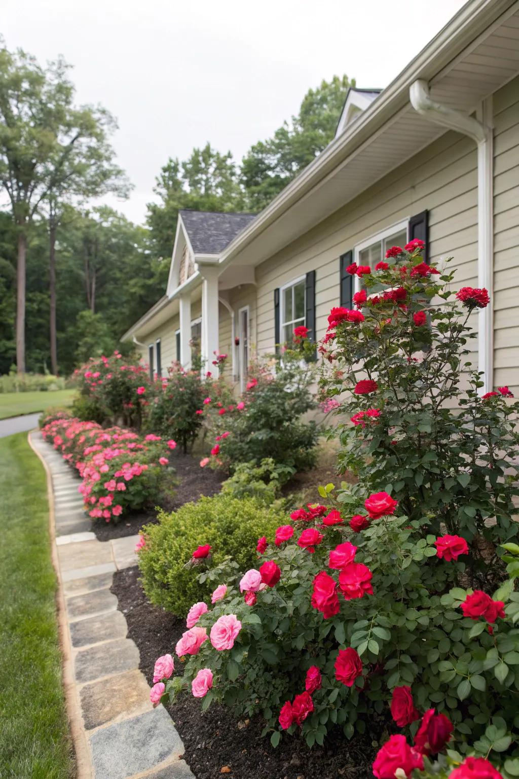 Radiant roses as base plantings create a floral backdrop.