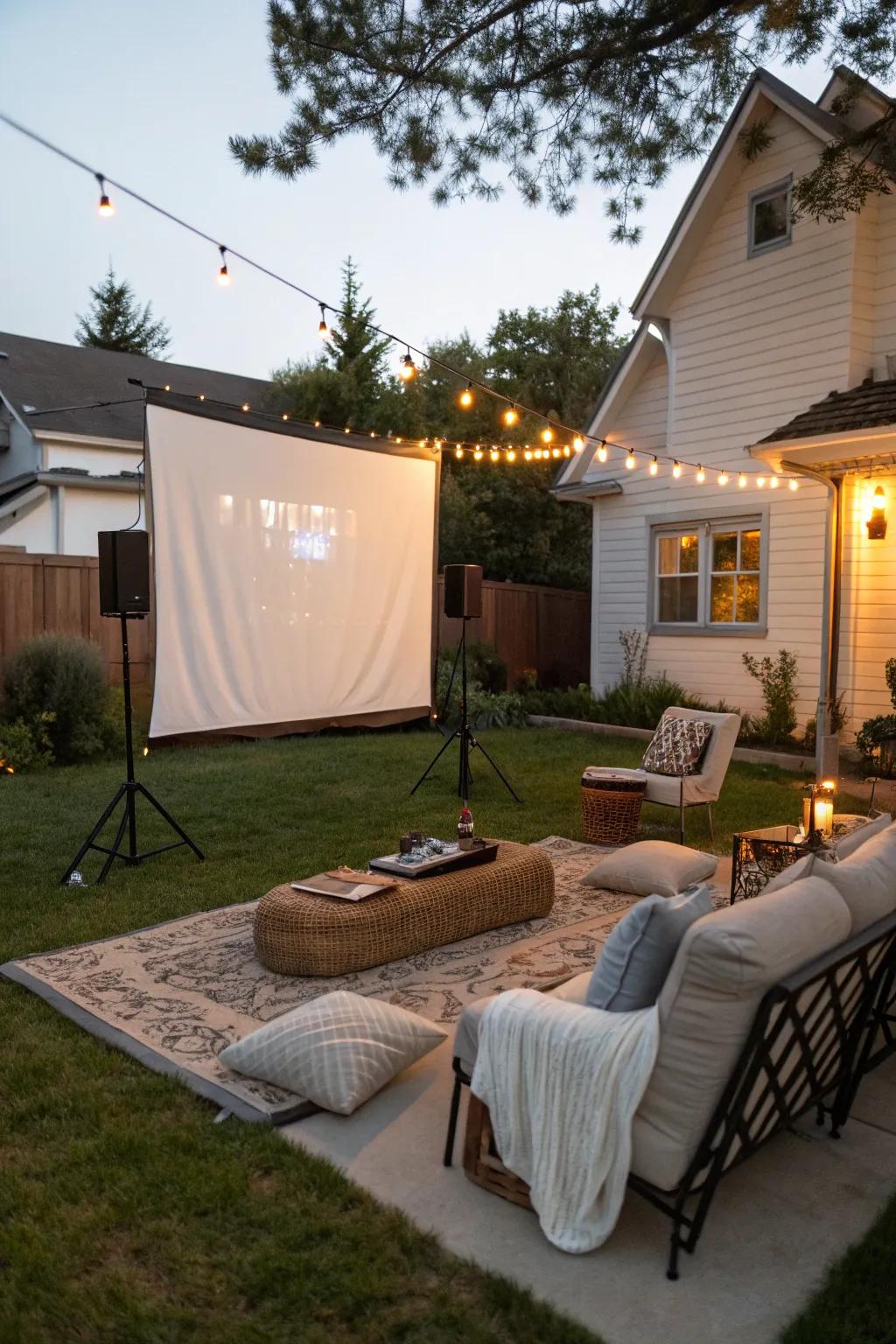 An outdoor movie display transforms your backyard into a cinema beneath the stars.