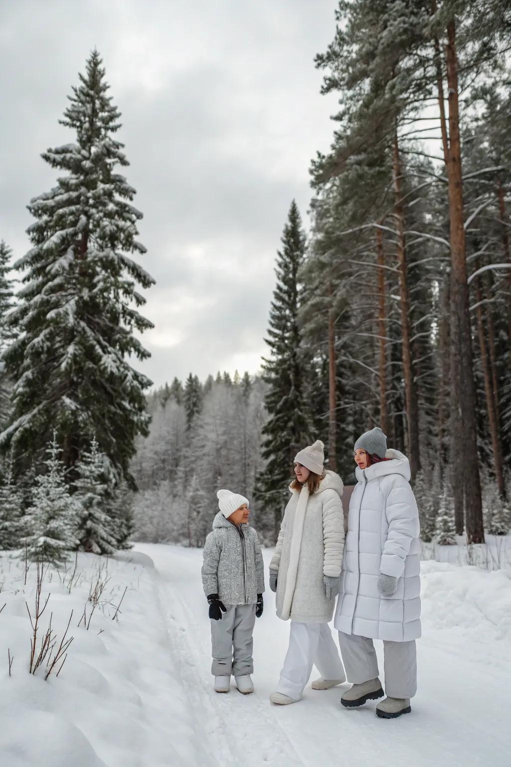 Winter whites and grays enhance the tranquil snowy backdrop.