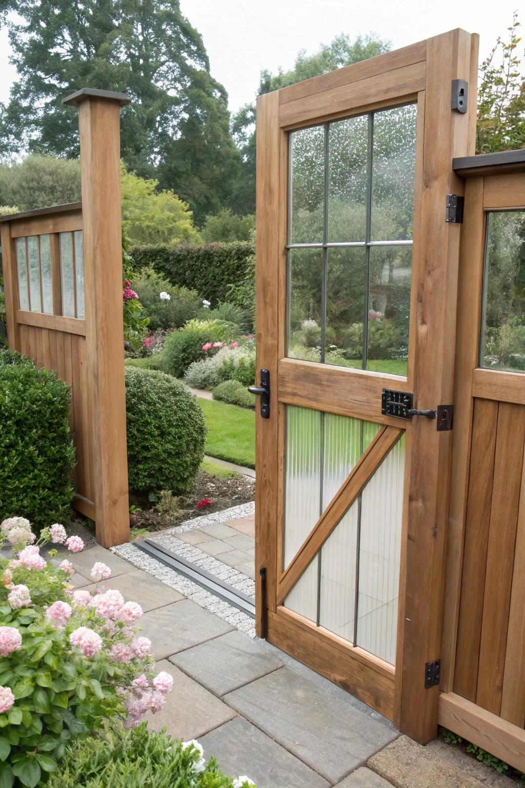 A crystalline and wood cross gateway provides a modern, fashionable entrance.