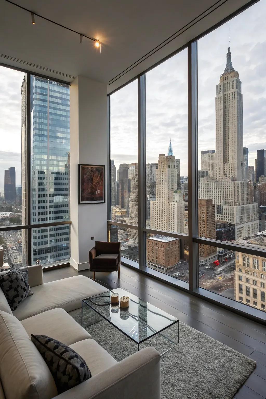 Corner windows offering a sweeping panorama of the city skyline.