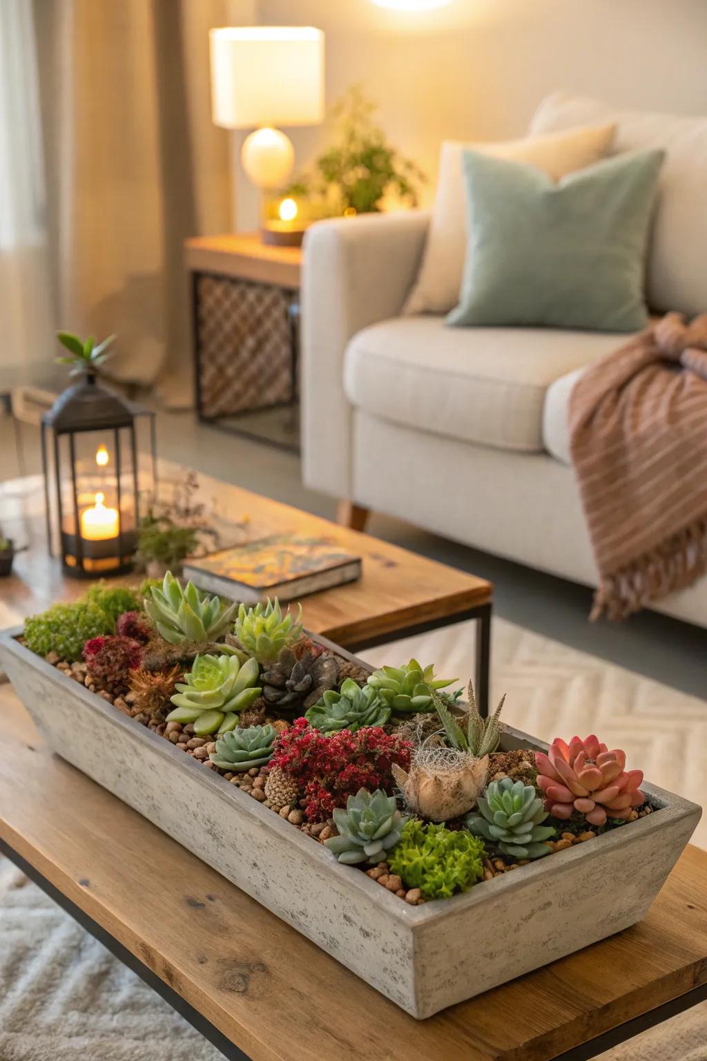 A living area center point featuring a succulent centerpiece.