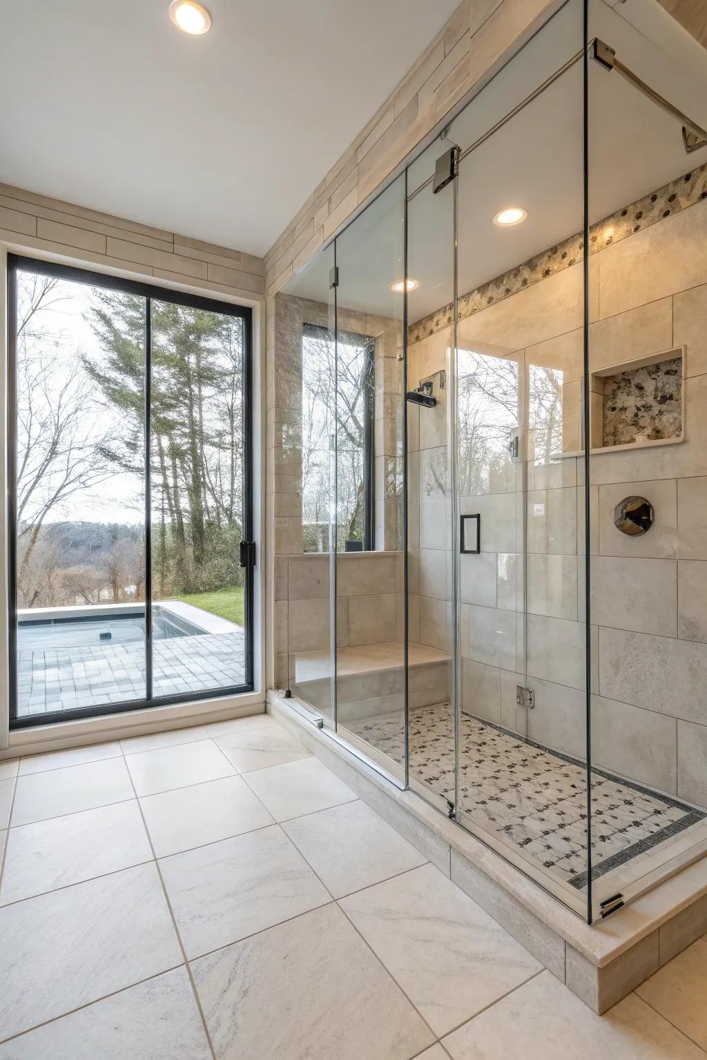 Glass surrounds amplify the airy sensation of expansive tile showers.