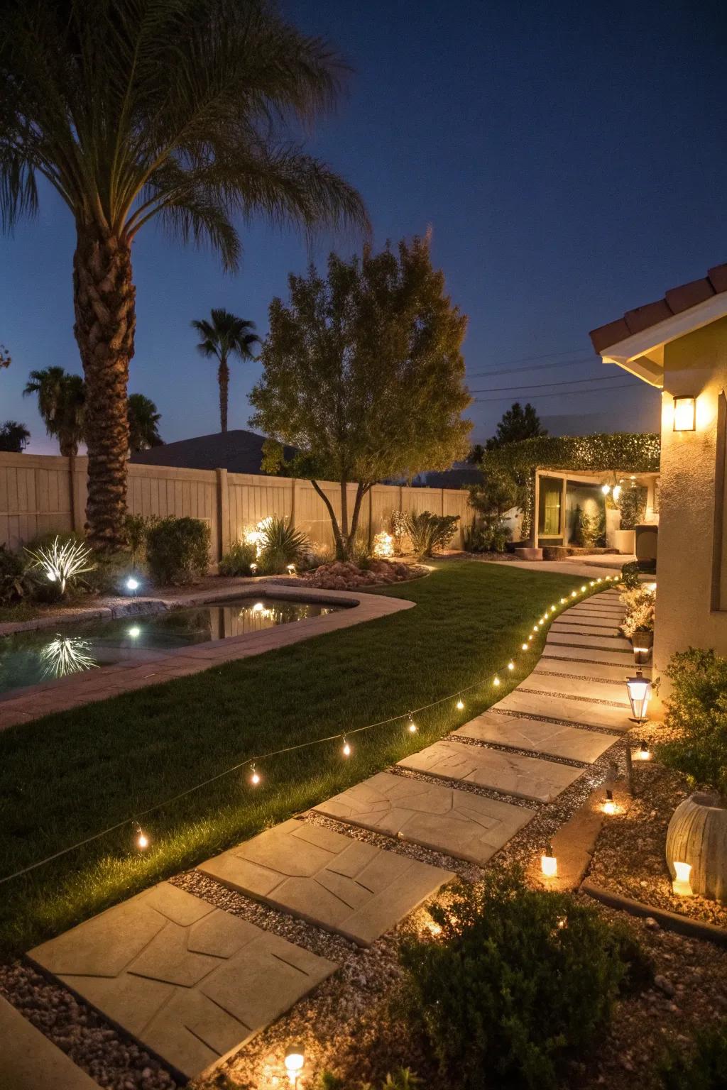 Atmospheric outdoor lighting enhancing a Las Vegas backyard at night.