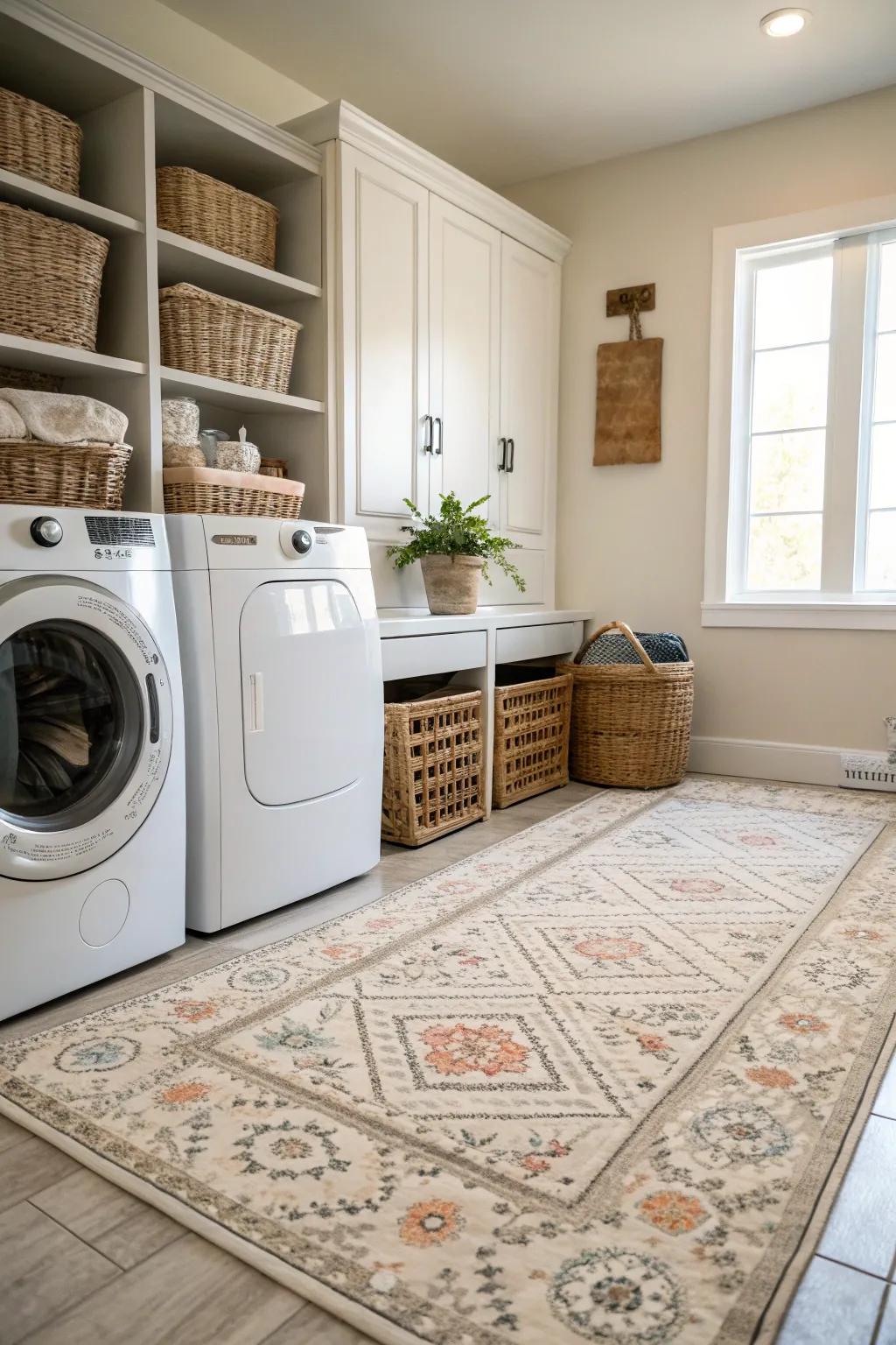 A comfortable rug adds warmth and coziness to your laundry space.