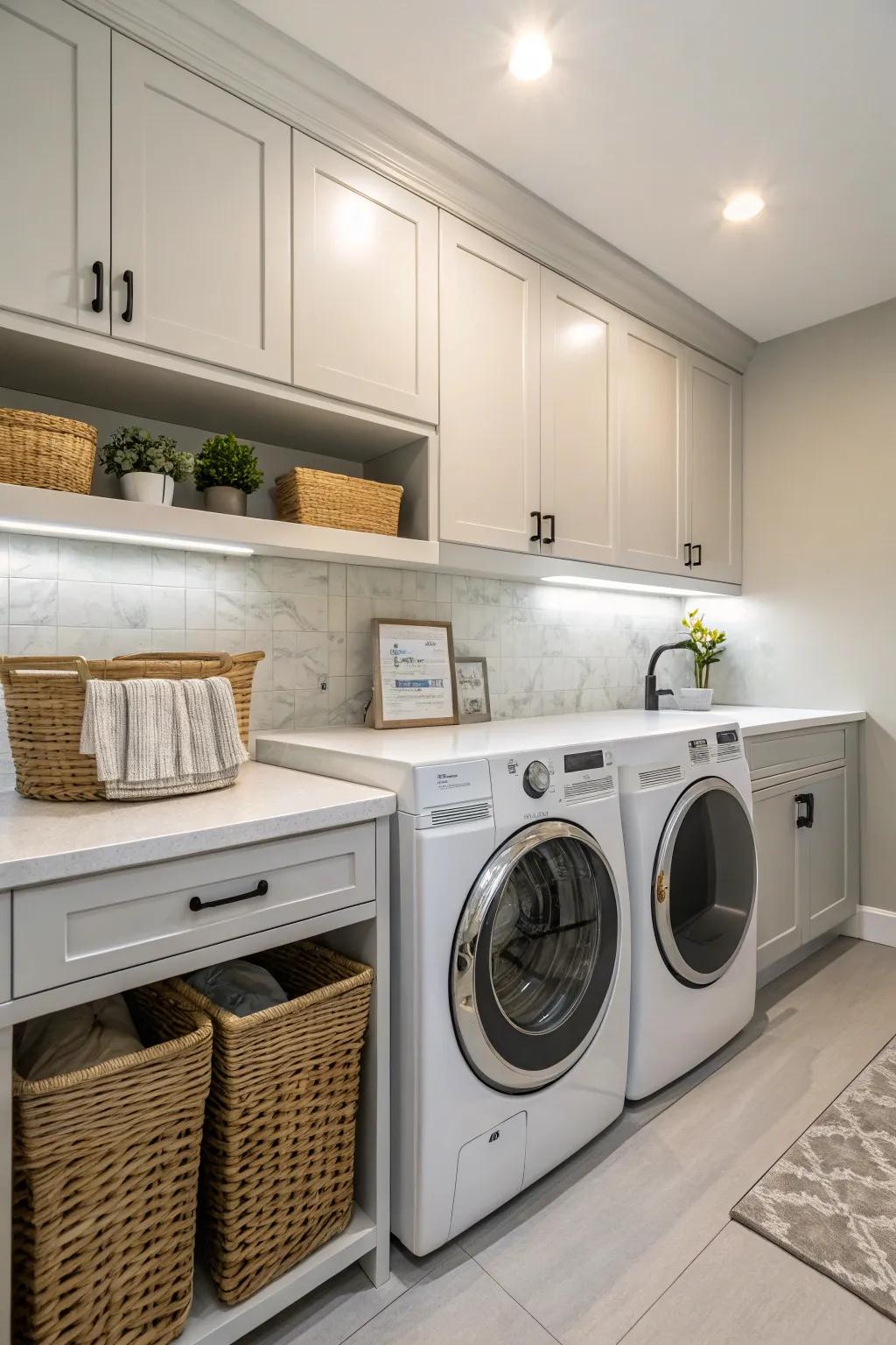 Modern appliances that fit seamlessly with the countertops in a laundry room.