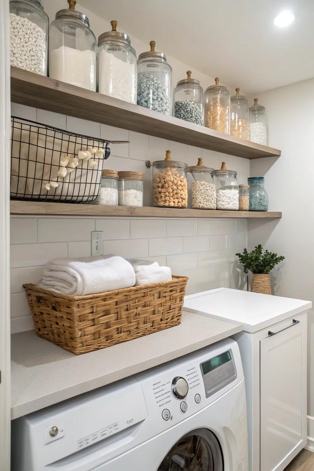 Wall-mounted shelves offer practical storage with a decorative flair.
