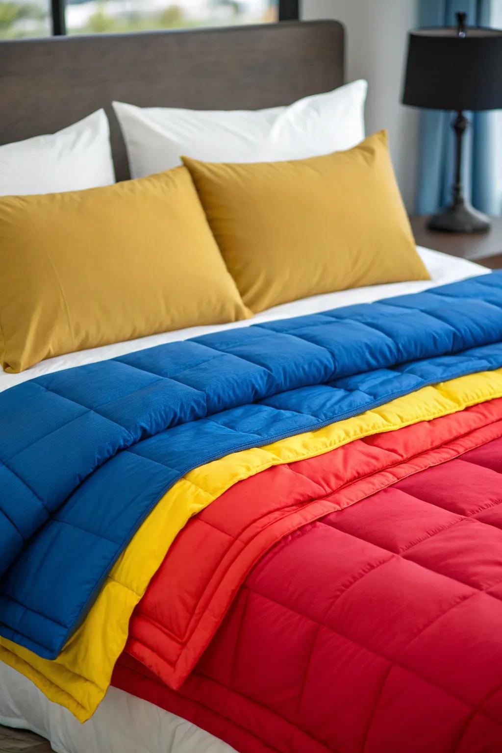 Coordinating hues provide visible intrigue to the tiered bedclothes.