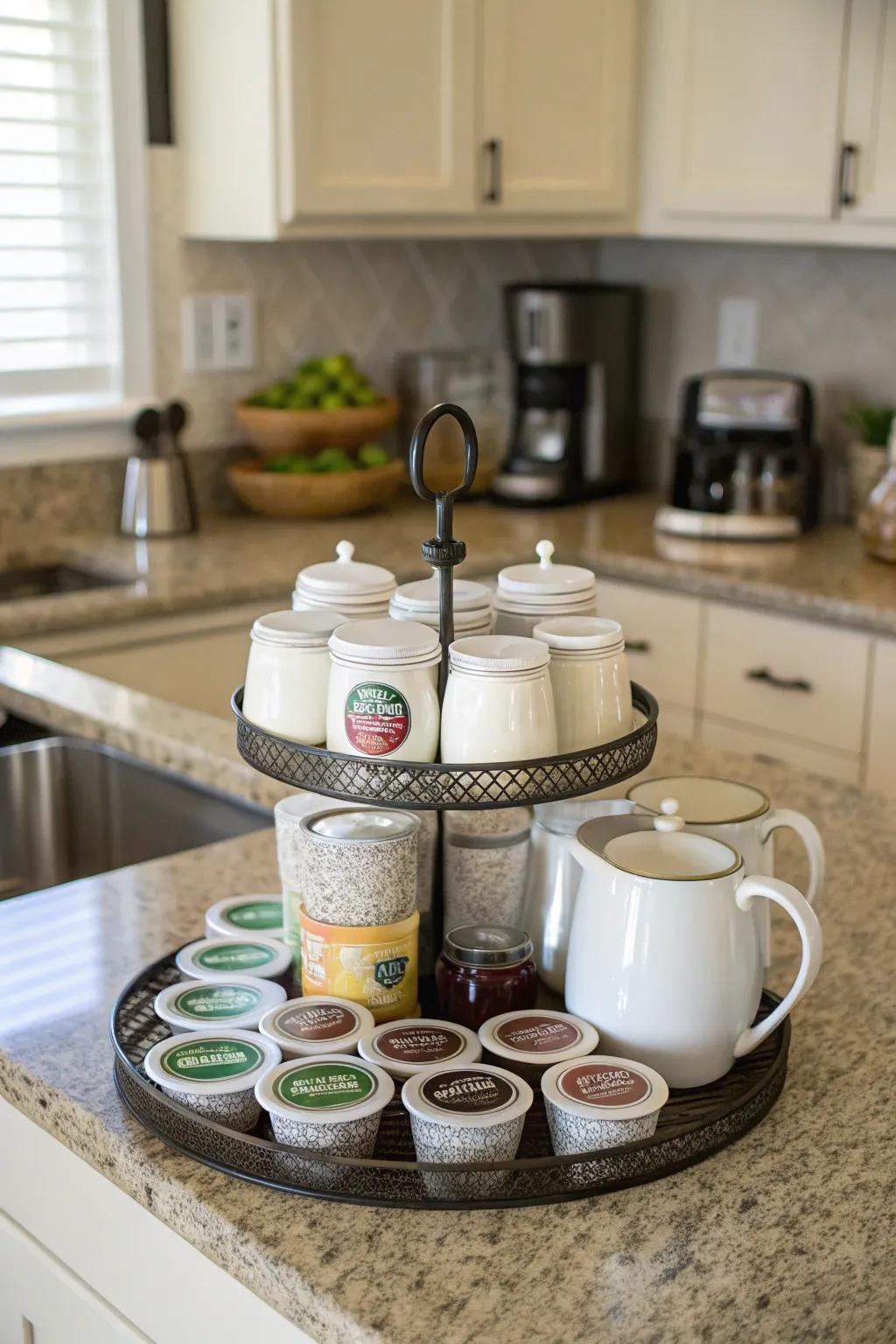 Create a handy coffee corner with a spinning organizer.