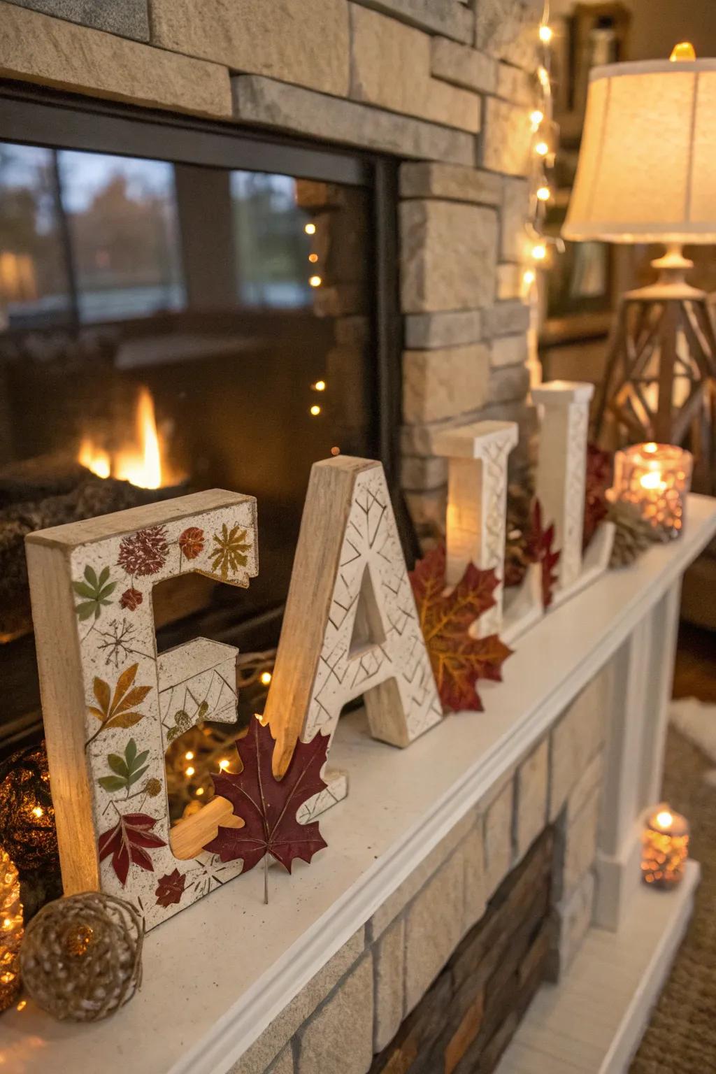 Seasonal letters introducing festive charm to a fireplace mantle.
