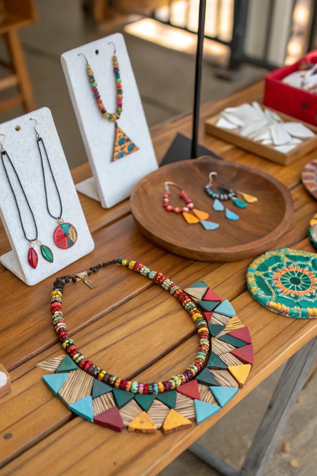 Handmade adornments crafted from plate shards, symbolizing personal growth.