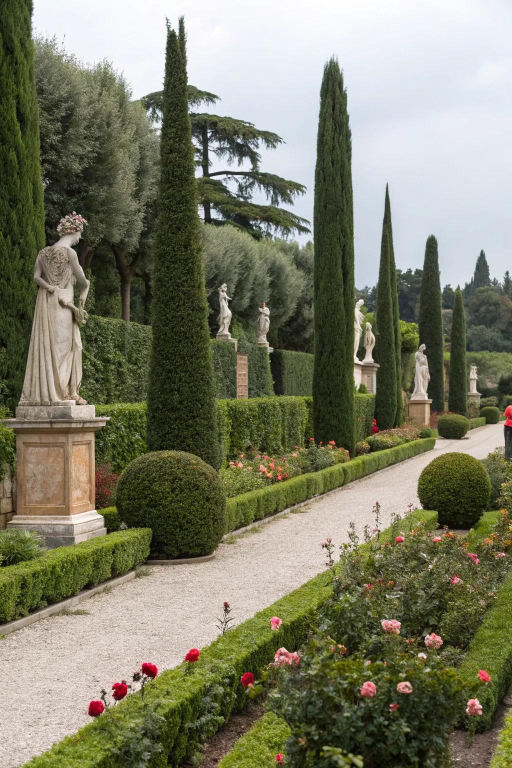 Construct a polished garden using Leyland cypress and conventional design elements.