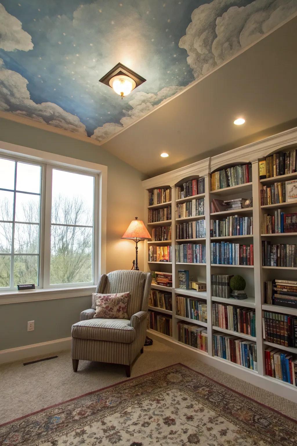 A painted overhead surface can introduce an unexpected and delightful dimension to your library.