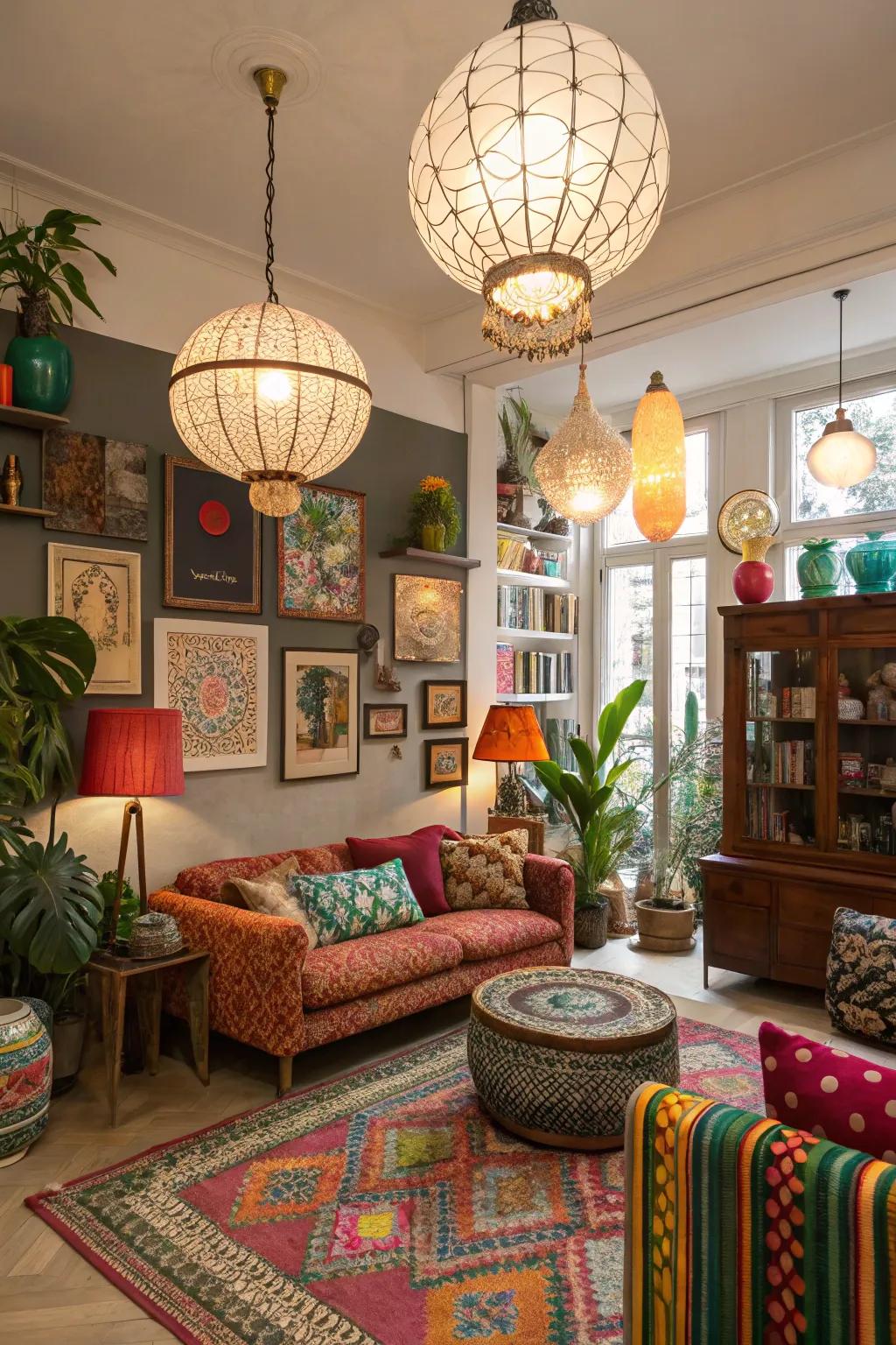 A varied blend of light fixtures creates a distinct style.