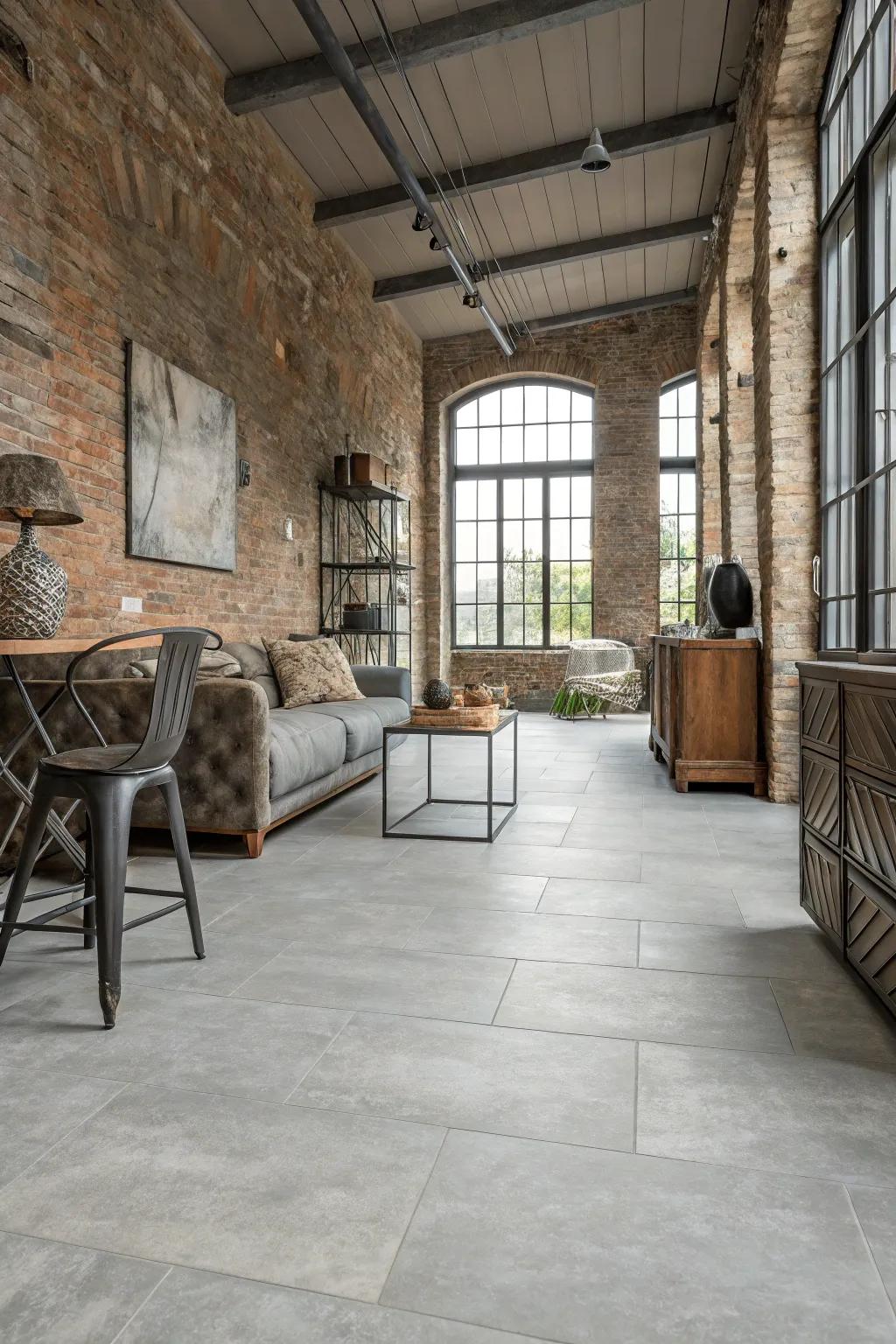 Pale gray stone effect plastic flooring adds industrial elegance to this space.