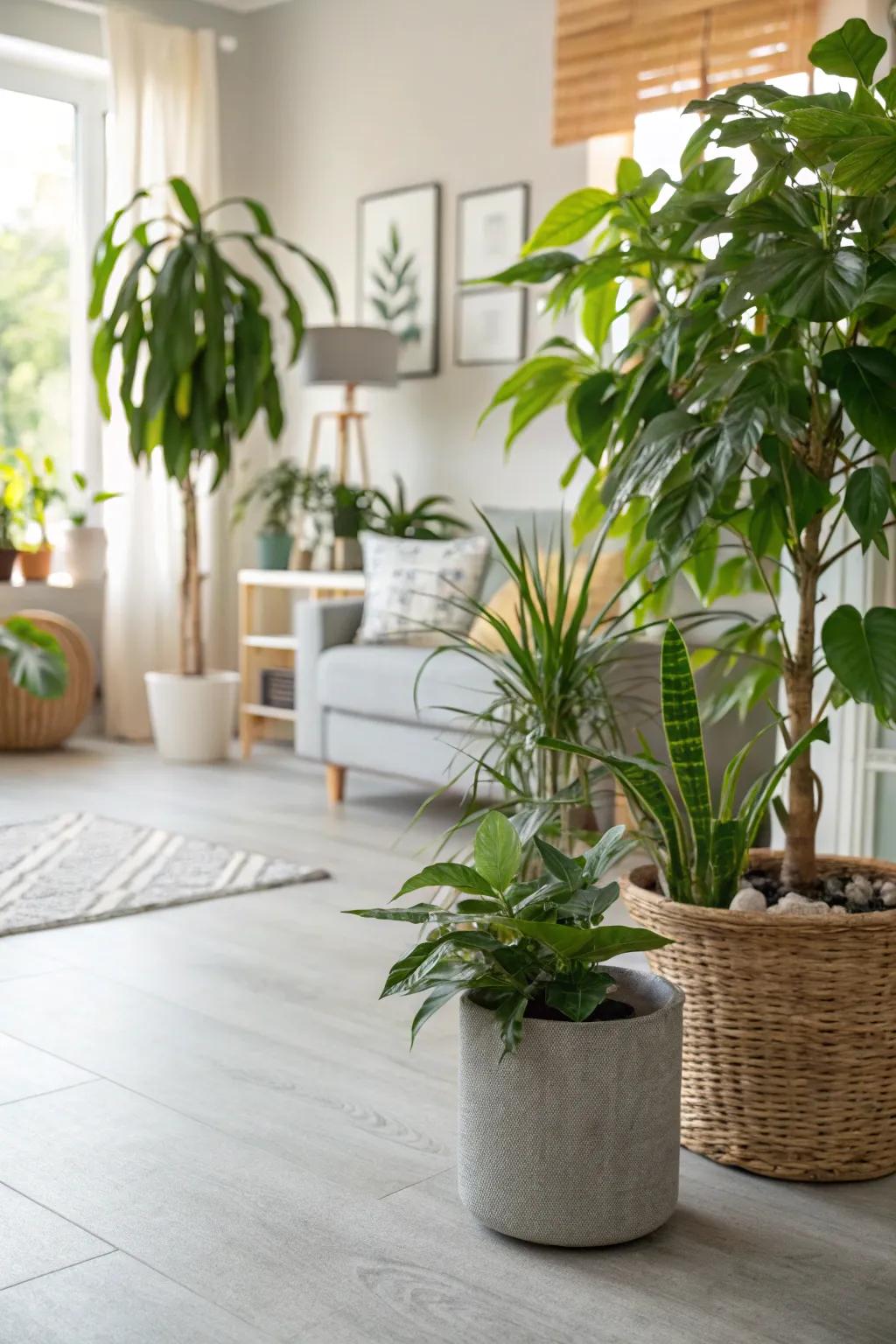 A refreshing living room showcasing vibrant plants and light grey flooring.