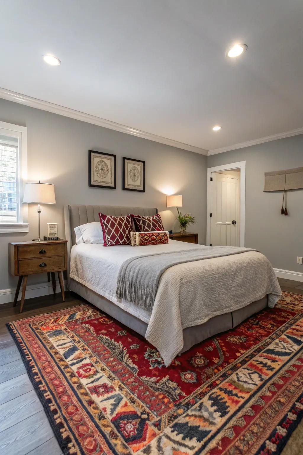 A bold rug adds contrast to a light grey bedroom.