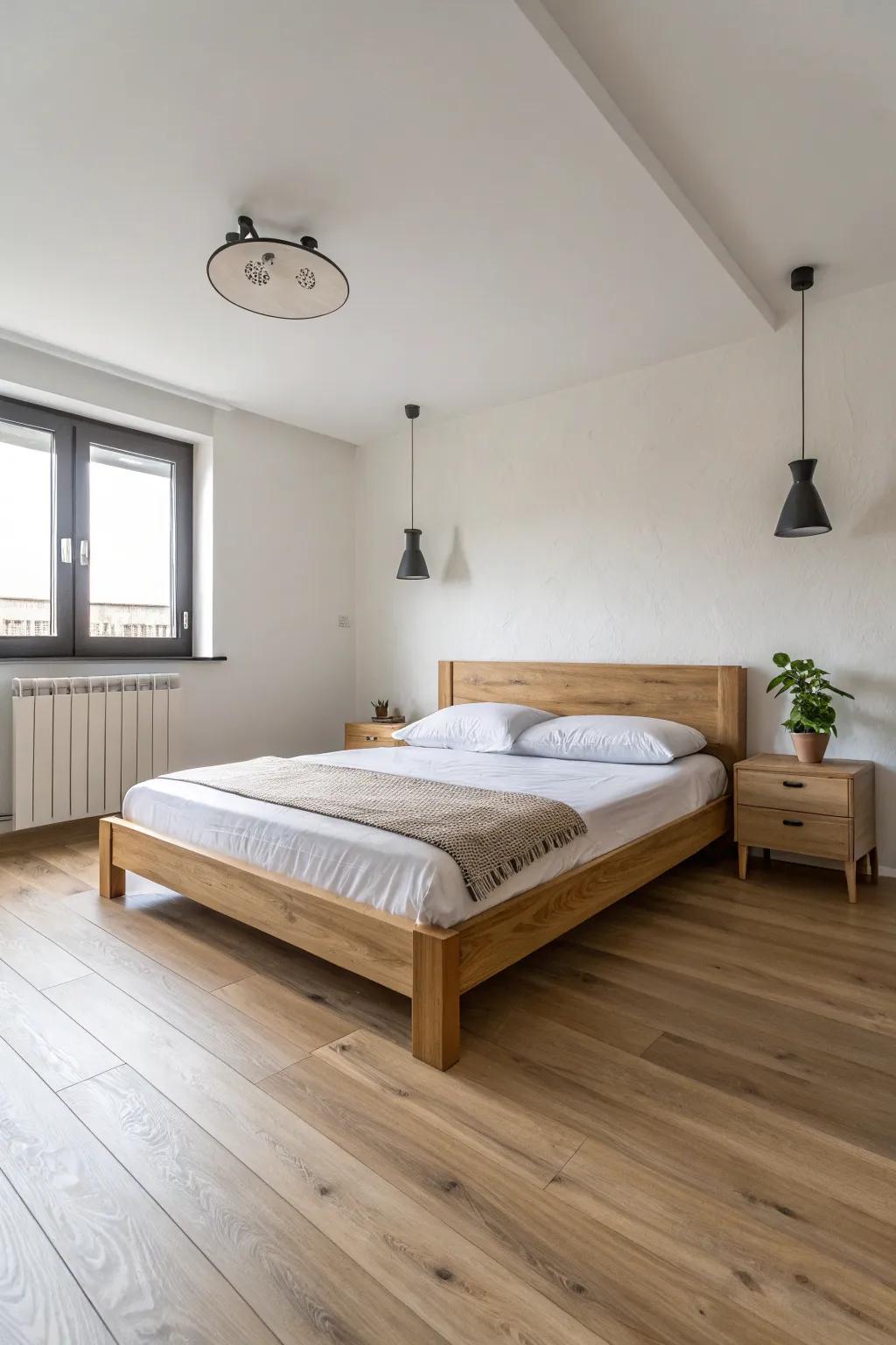 Simple d&eacute;cor highlights the spaciousness of a bedroom featuring bright timber flooring.