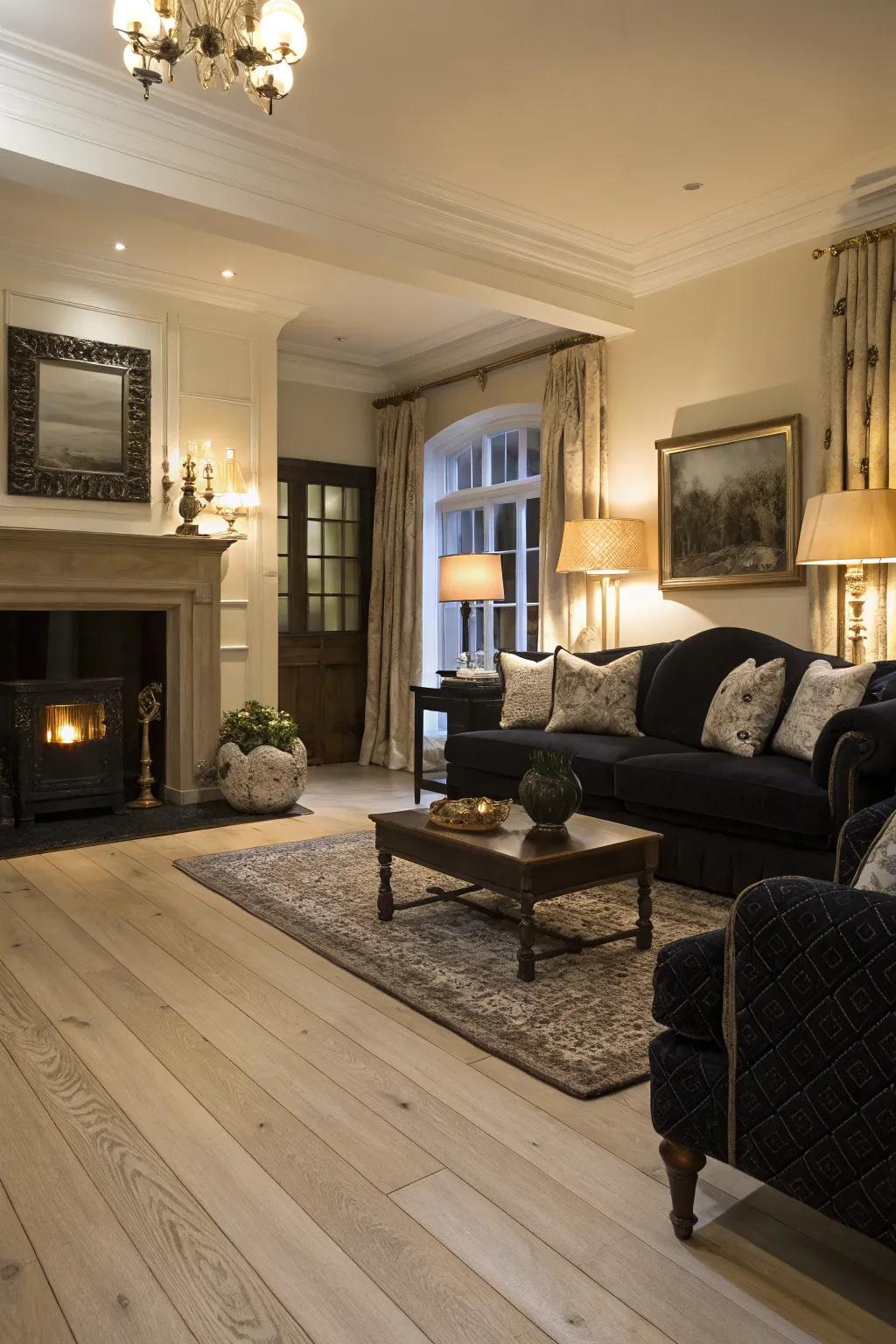 A living area where deep-hued furniture establishes a captivating contrast against the light wooden floors.