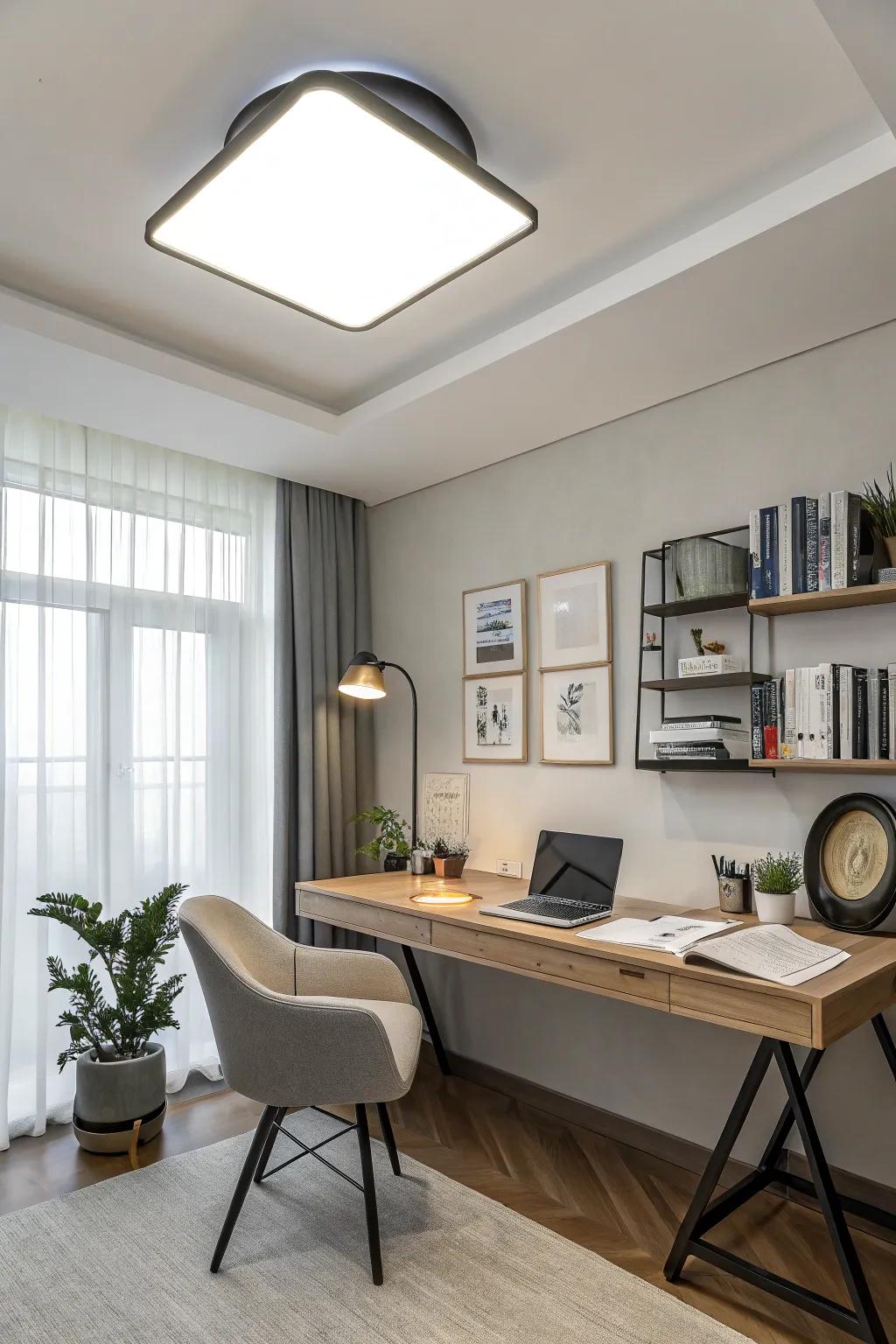 Ceiling-affixed lights deliver broad illumination for workspaces.