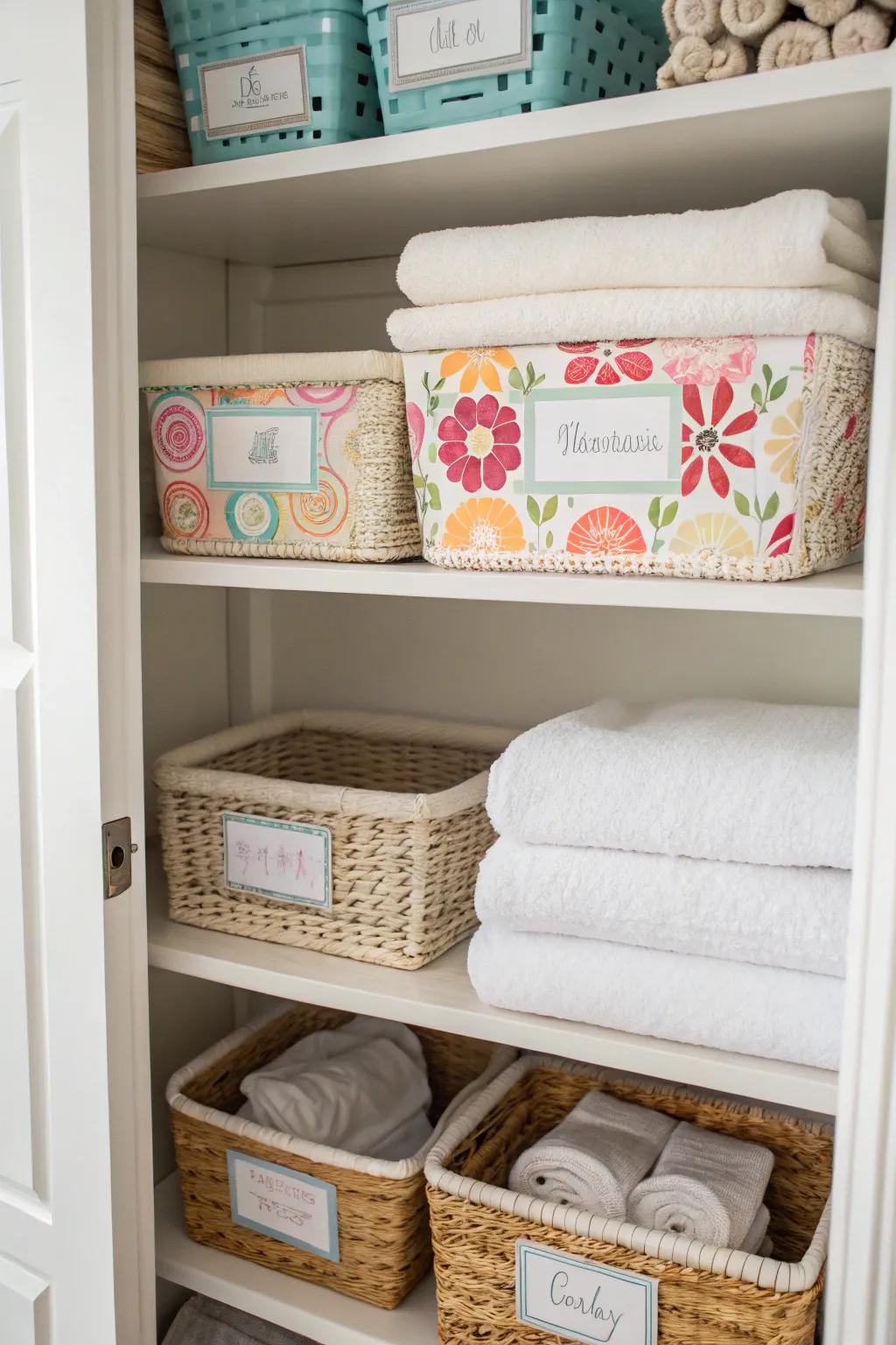 Decorative labels help keep a linen closet organized and charming.