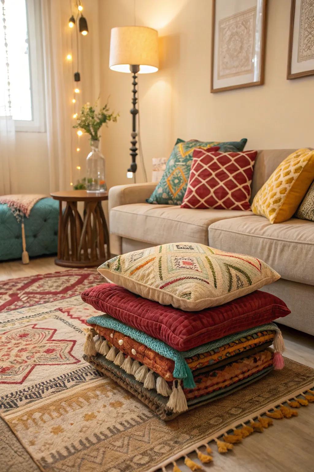 Textiles add warmth and texture to a living room corner.