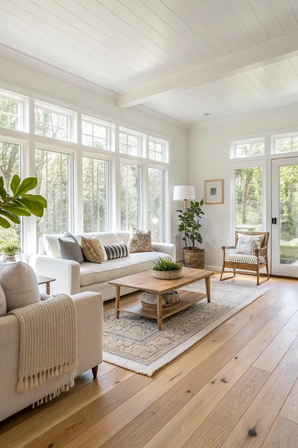 Pale wood floors establish an open and airy atmosphere, amplifying natural illumination.