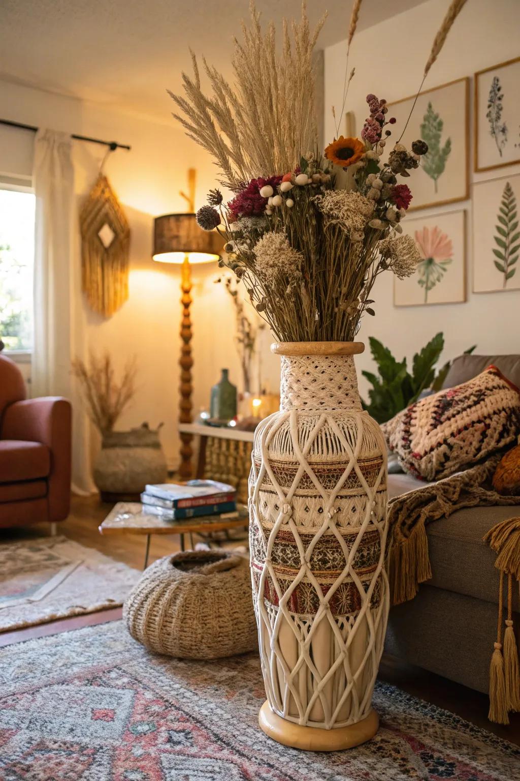 Macramé gives a simple vase a bohemian touch, turning it into a chic décor element.