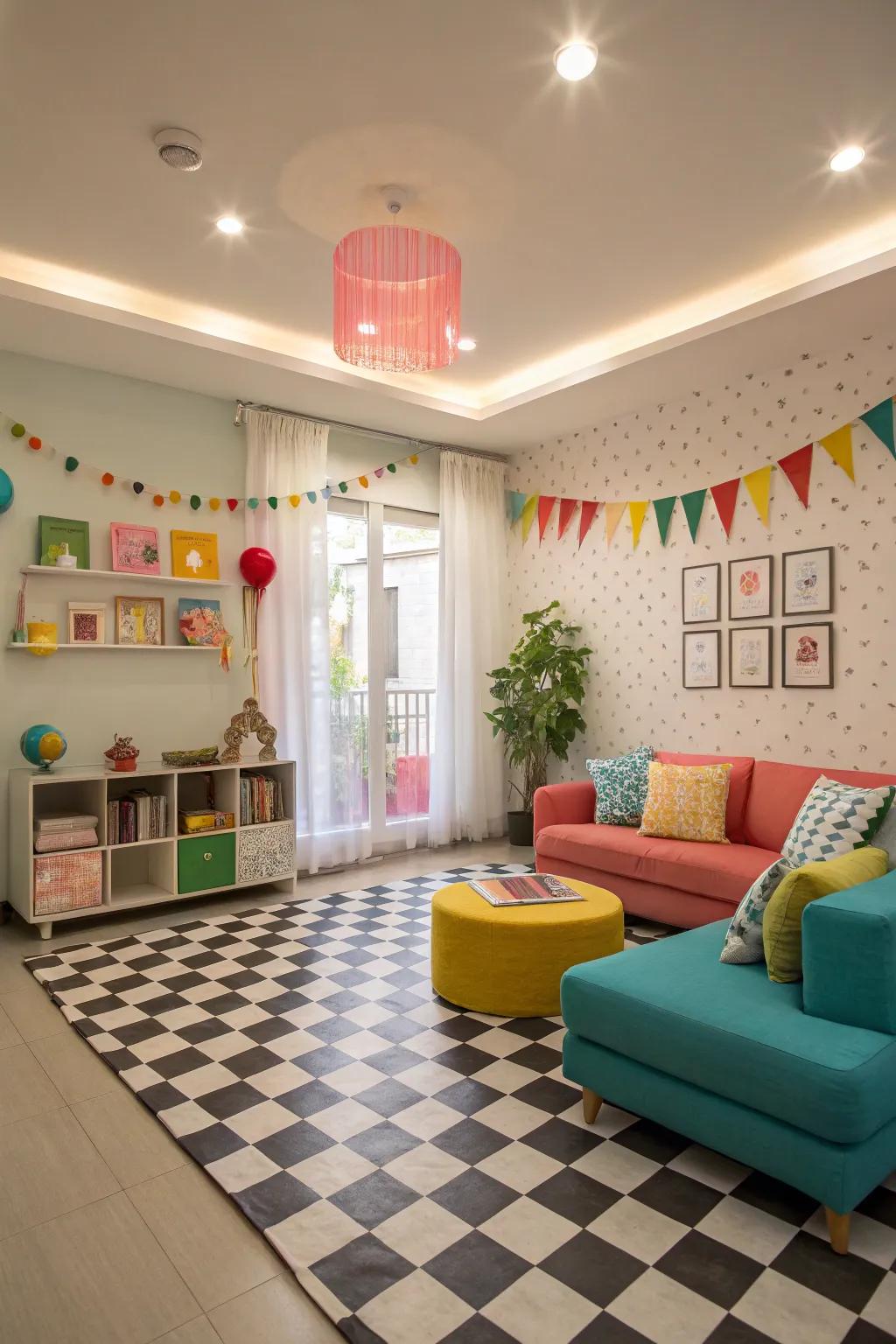 Playful family room featuring checkerboard patterned tiles.