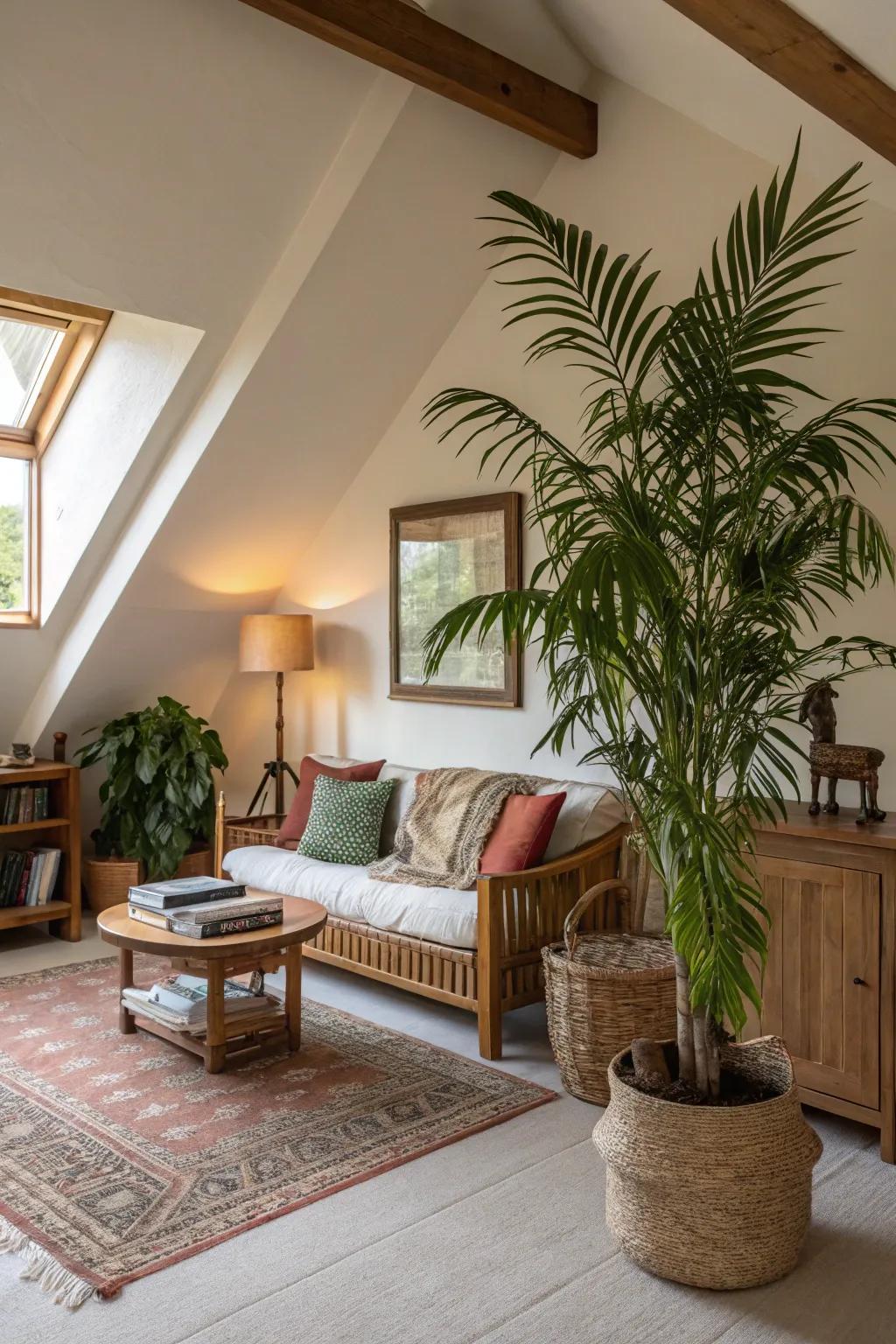 Indoor plants bring life to a high ceiling space.