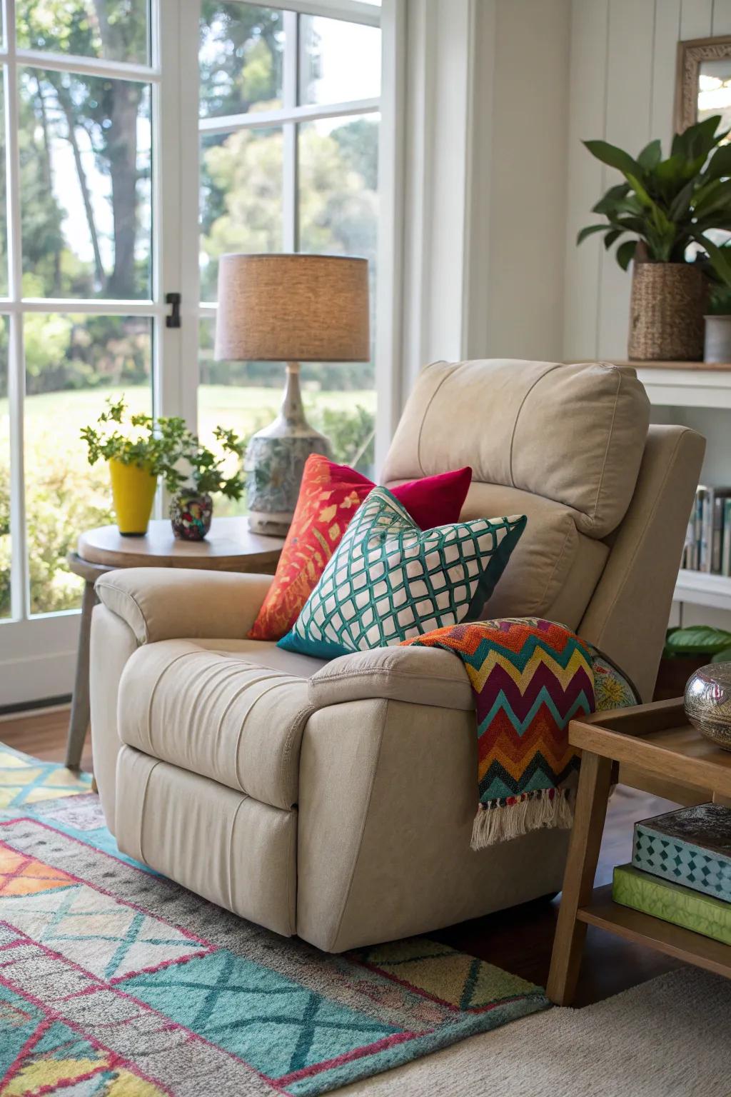 A lively recliner arrangement highlighted by decorative cushions.