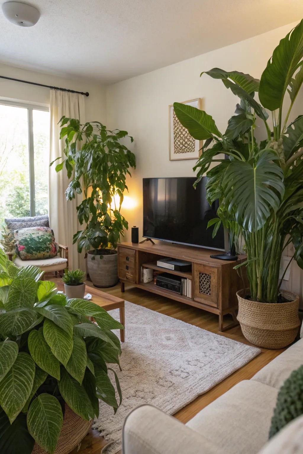 Greenery introduces a revitalizing and vibrant touch to the TV area.