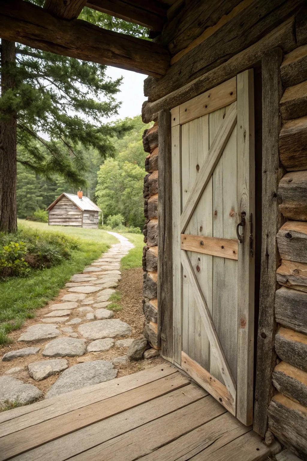 A vintage-style log cabin doorway crafted from reclaimed lumber.
