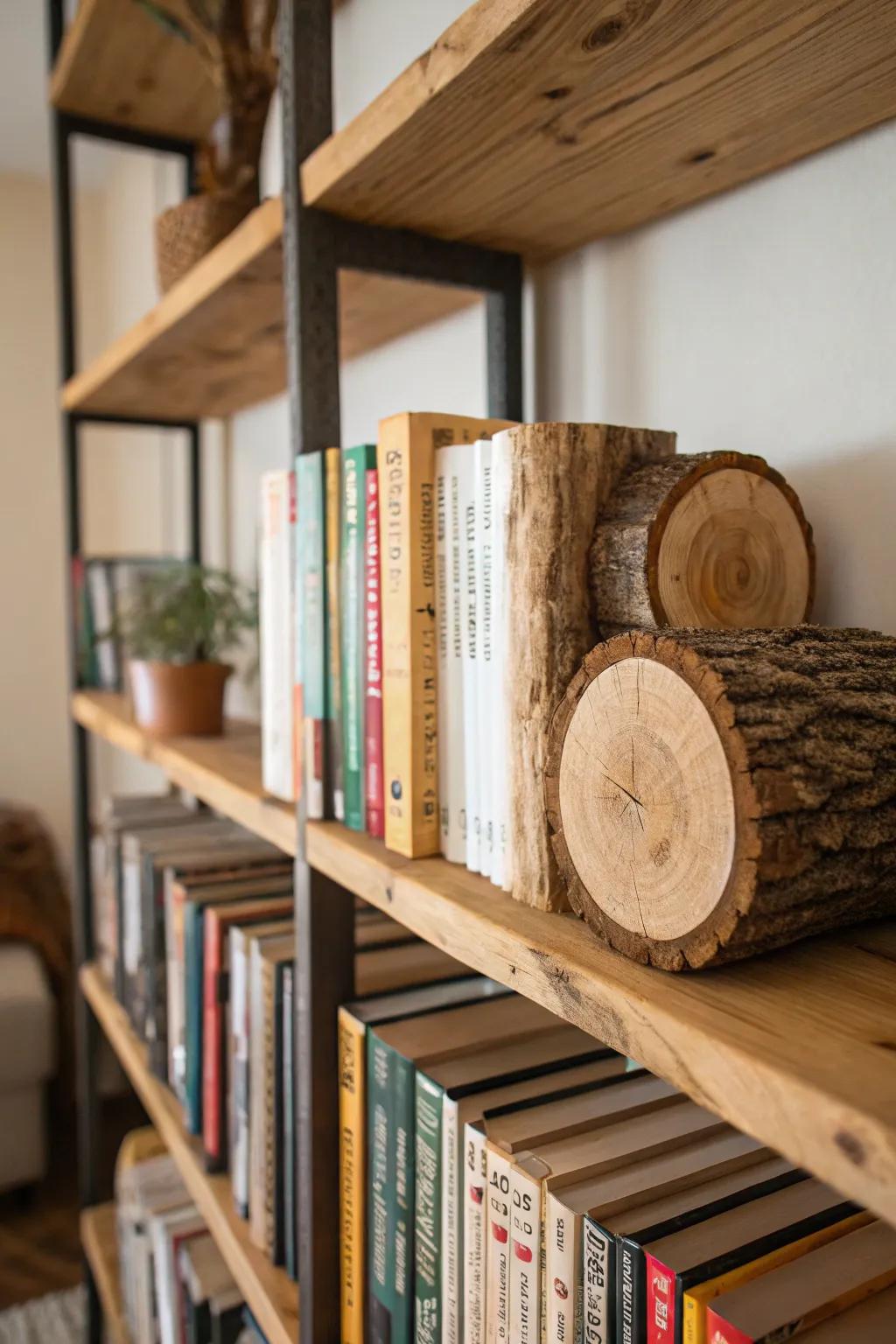 Logs serving as natural bookends on a shelf.