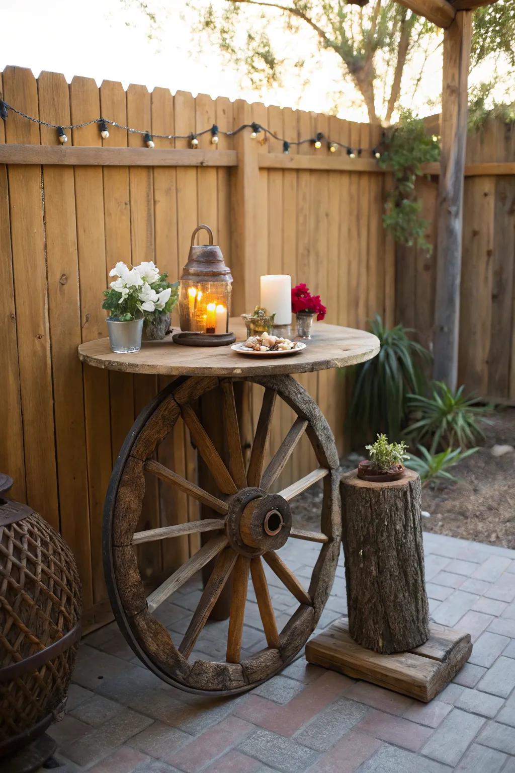 A buckboard wheel table creates a unique Western statement.